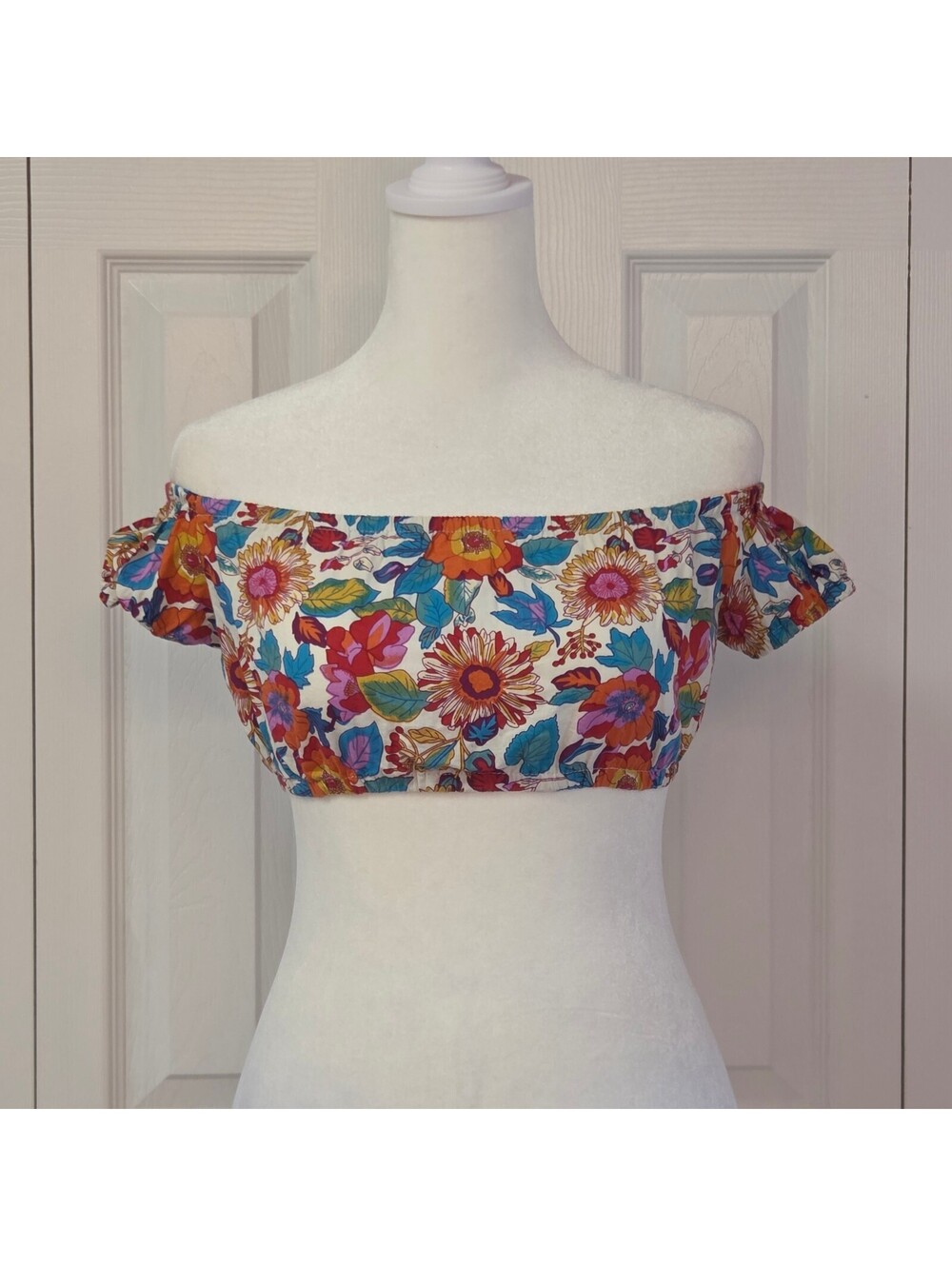 Vibrant Multi-Colored Floral Print Ultra Crop Top XS Tropical Boho Beach Coverup